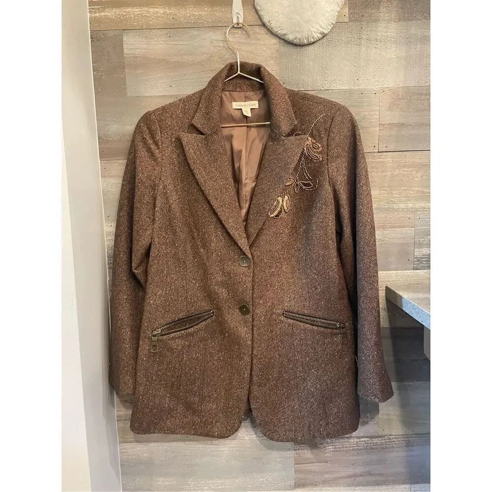 Coldwater creek ￼10 floral beaded brown tweed blazer with heavy zippered front p